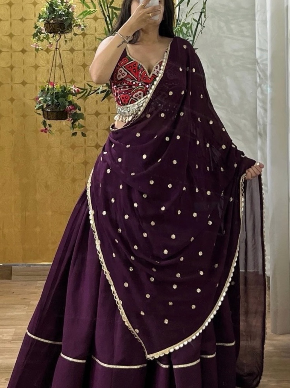 Deep Purple Embellished Lehenga Set with Red Mirrorwork Blouse
